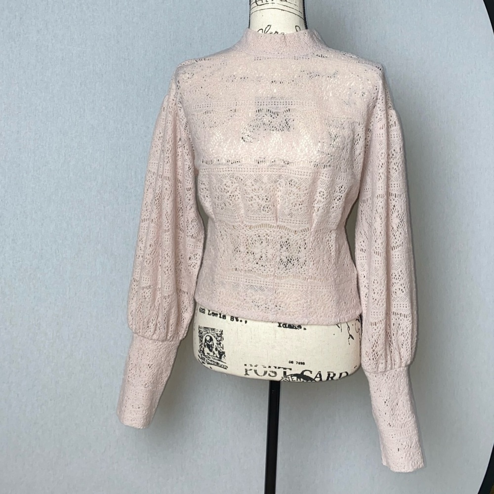 Free People Blush Pink Lace Mock Neck Top Balloon Sleeve Sheer Knit Boho L - Picture 9 of 13